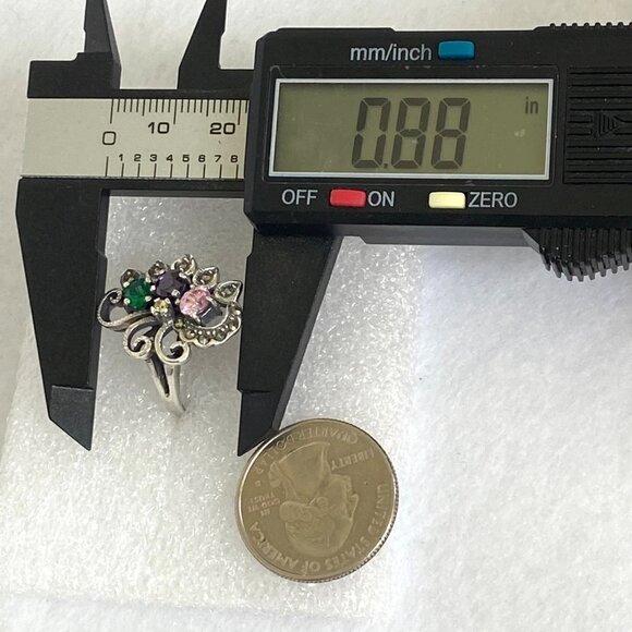 Sterling Silver 925 Multi Colored CZ Marcasite Floral Flower Cluster Ring Sz 8 - Picture 13 of 16